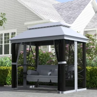 Outsunny 3-Seat Patio Swing Chair, Outdoor Gazebo Swing with Double Tier Canopy, Mesh Sidewalls, Cushioned Seat and Pillows, Gray(m-10)