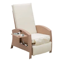 Outsunny Patio Recliner, Outdoor Reclining Chair with Flip-Up Side Table, All-Weather Wicker Metal Frame Chaise with Footrest, Cushions, Beige(m-1)