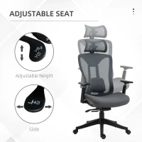 Vinsetto Ergonomic Office Chair with Adjustable Headrest, Lumbar Support, 3D Armrest, Mesh Computer Desk Chair with High Back, Swivel Reclining Seat with Tilt Function, Grey(m-4)
