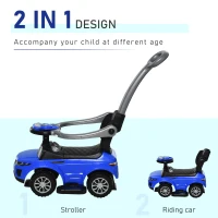 Aosom 2 In 1 Push Cars for Toddlers Kid Ride on Push Car Stroller Sliding Car with Horn Music Light Function Secure Bar Ride on Toy for Boy Girl 1-3 Years Old Blue(m-4)