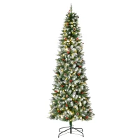 HOMCOM 7.5 ft Snow-Dipped Pencil Christmas Tree Pre-Lit Holiday Decoration with LED Lights Pine Cones Red Berries Green(m-11)