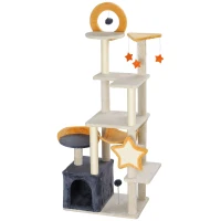 PawHut Star and Moon Themed Cat Tree with Cat Scratching Posts, Cat Condo, Bed, Scratching Board, Cat Toys, Beige(m-2)