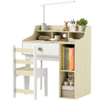 Qaba Kids Desk and Chair Set with Storage Shelves, Drawer, for 3-10 Years, White(m-11)