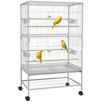 PawHut 52" Large Rolling Steel Bird Cage Bird House with Rolling Stand, Storage Shelf, Wood Perch, Food Container, Grey(m-11)