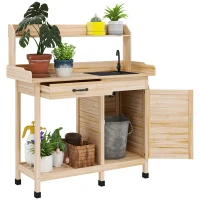Outsunny Potting Bench Table with Sink, Outdoor Work Bench Table with Storage Cabinet, Hooks, Removable Sink, Faucet and Drawer for Greenhouse, Garden, Patio, Natural Wood(m-1)