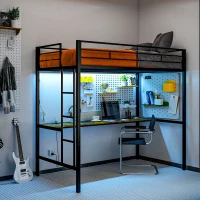 HOMCOM Twin Size Loft Bed with Desk, LED Lights, Charging Station, Twin Metal Loft Bed Frame with Ladder, Black(m-11)