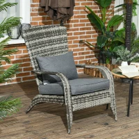 Outsunny Patio Wicker Adirondack Chair, Outdoor PE Rattan Fire Pit Chair, Muskoka Chair w/ Soft Cushions, Tall Curved Backrest and Comfortable Armrests for Deck or Garden, Grey(m-8)