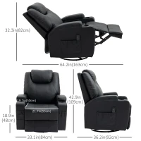 HOMCOM Massage Recliner Chair, Swivel Nursery Rocker Chair, Manual Reclining Sofa with 8 Vibration Points, PU Leather, Cup Holders, Side Pockets, for Living Room, Black(m-3)