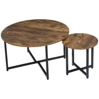 HOMCOM Round Coffee Table Set of 2, Industrial Living Room Tables with Metal Frame, Circle Coffee Tables for Living Room, Rustic Brown(m-11)