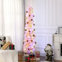 HOMCOM 7' Prelit Christmas Trees, Pencil Artificial Christmas Tree with Colorful Surface Branches, Colorful LED Lights, Pink(m-2)