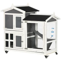 PawHut 43" Indoor Rabbit Hutch with an Extra Hideout, 2-Story Bunny Rabbit Cage Playpen Cottage with Space-Saving Design, Bunny Hutch with Removable Tray, Gray(m-11)