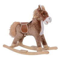 Qaba Kids Rocking Horse with Soft Plush Body, Wooden Base & Handle Grip for Years 3+(m-1)