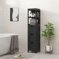 kleankin Narrow Bathroom Cabinet with 3 Drawers and 2 Tier Shelf, Tall Cupboard Freestanding Linen Tower, Black(m-1)