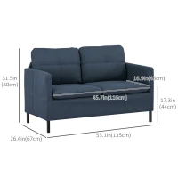 HOMCOM 53" 2 Seat Sofa, Upholstered Two Seater Couch with Sturdy Steel Legs for Bedroom, Living Room, Dark Blue(m-3)