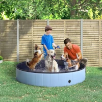PawHut Φ63" Folding Dog Pool for Large dogs,  Portable Pet Kiddie Swimming Pool, Outdoor/Indoor Puppy Bath Tub with Nonslip Bottom for Dogs & Cats, Blue(m-1)
