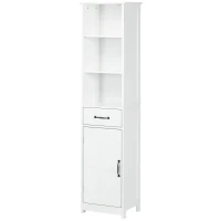 kleankin Modern Bathroom Cabinet, Narrow Storage Cabinet with 3 Open Shelves, Drawer, Recessed Door and Adjustable Shelf, White(m-11)