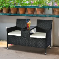 Outsunny 2 Seat Rattan Wicker Chair Garden Bench with Tea Table Backyard All Weather Padded Seat, Black(m-8)