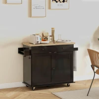 HOMCOM Farmhouse Rolling Island with Wheels for Kitchen, Wood Breakfast Bar Kitchen Island on Rollers, Drawer and Doors, Black(m-10)