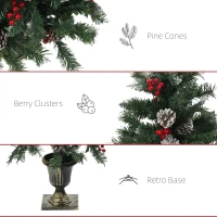 HOMCOM 4FT Pre-Lit Decorated Christmas Tree with Red Berries and Pine Cones Snow Flocked Christmas Tree with LED Lights Green(m-6)