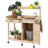 Outsunny Potting Bench Table with Sink, Outdoor Work Bench Table with Storage Cabinet, Hooks, Removable Sink, Faucet and Drawer for Greenhouse, Garden, Patio, Natural Wood(m-11)