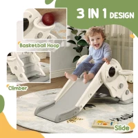 Qaba 3 in 1 Toddler Slide, Foldable Kids Slide with Basketball Hoop, Climber, Anti-Slide Step for Ages 2-5, Cream White(m-4)