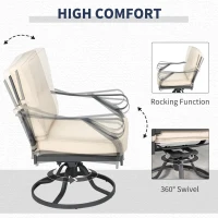 Outsunny 3 Pieces Outdoor Bistro Set, 2 Swivel Rocker Chairs and 1 Round Tempered Glass Table with Cushion, Yard, Lawn, Porch and Garden Furniture, White(m-4)