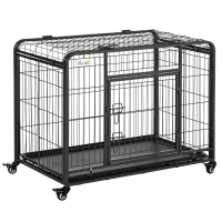 PawHut Folding Heavy Duty Dog Crate Heavy Duty Cage for Medium Sized Dogs with Double Doors, Lockable Wheels Tray, 37" x 23" x 27"(m-2)