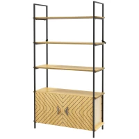 HOMCOM 4-Tier Bookshelf with Double Door Cabinet, Industrial Bookcase, Shelving Unit with Open Shelves and Metal Frame for Living Room, Oak(m-11)