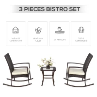 Outsunny 3 Pieces Patio Wicker Rocking Chair Set,  Outdoor PE Rattan Bistro Set Conversation Rocker Set with 2 Chairs 1 Coffee Table for Backyard, Deck, Poolside, Cream White(m-7)