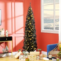 HOMCOM 7ft Pencil Christmas Tree, Slim Artificial Christmas Tree with Realistic Branches and Warm White LED Lights, Black(m-2)