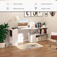 HOMCOM 55" Corner Computer Desk, 360° Rotating L-Shaped Desk, Home Office Workstation with 3-Tier Shelves, Bookshelf, White(m-6)