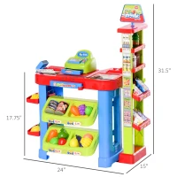 Qaba Supermarket Playset Cash Register Toy for Kids, 50 Pcs Grocery Store Pretend Play Toy with Food, Check-Out Counter, Scanner, Shelves, Gift for Boys Girls Age 3 4 5 6(m-3)