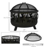 Outsunny Outdoor Metal Fire Pit, 24" Round Firepit Bowl w/ Lid Grill Poker Handles for Garden, Camping, BBQ, Bonfire, Black(m-3)