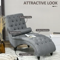 HOMCOM Button Tufted Chaise Lounge Chair Indoor Upholstered Lounge Chair with Bolster Pillow Wood Legs Nailhead Trim for Living Room Bedroom Home Office Grey(m-5)