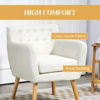 HOMCOM Linen Upholstery Armchair, Mid-Century Modern Accent Chair with Wood Frame and Thick Padding, Cream White(m-5)