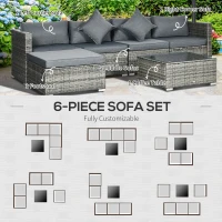 Outsunny 6 Pieces Outdoor PE Rattan Wicker Patio Furniture Sofa Set with Thick Cushions, Deluxe Garden Sectional Couch with Glass Top Table, Mixed Grey and Dark Grey(m-7)