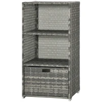 Outsunny Valet Pool Towel Rack, Waterproof PE Plastic Rattan Wicker Storage Organizer, Indoor Outdoor Spa, and Hot Tub Accessory Storage, 2 Shelves, 1 Basket Drawer, Gray(m-11)