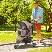 PawHut Cat Stroller, 3 Wheels Foldable Dog Stroller with Storage Basket, Brake, Adjustable Canopy, Cupholders, Pet Stroller for Miniature and Small Dogs Travel, Coffee(m-1)