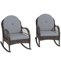 Outsunny 2 Pieces Wicker Rocking Patio Chairs, Indoor Outdoor Rocking Chair Set with Cushions and Armrests for Porch, Grey(m-11)
