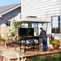 Outsunny 8' x 5' Outdoor Grill Gazebo, Double Tiered Barbecue Grill Gazebo Shelter with 2 Side Shelves and Hook, Light Grey(m-10)