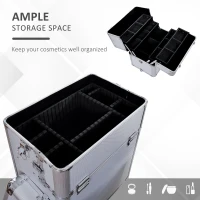 HOMCOM Pro 3 in 1 Portable Aluminum Makeup Cases Rolling Cosmetic Organizer Box, Black (Silver)(m-7)