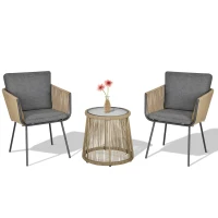 Outsunny 3 Pieces Wicker Outdoor Bistro Set, Rattan Patio Furniture Set with Glass Coffee Table and Porch Chairs for Backyard, Balcony, Garden, Gray(m-11)