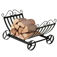 Outsunny 23" Firewood Log Rack Curved Fireplace Log Holder Stylish Wood Storage Carrier with Scrolls, for Outdoor and Indoor Use, Black(m-11)