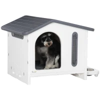 PawHut Plastic Dog House with Air Vents, Small Dog House with Door Opening, Elevated Floor, Bowl Holder, 2 Bowls, Soft Washable Cushion, for Small Sized Dogs, White(m-2)
