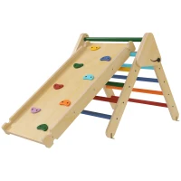 Qaba Pikler Triangle Set, 3 in 1 Climbing Toys with Ramp for Toddlers, Nature Wood(m-2)