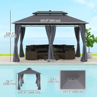 Outsunny 10' x 13' Outdoor Gazebo with Curtains and Solar-Powered LED Lights, Double Roof Patio Gazebo Canopy Shelter(m-3)