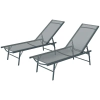 Outsunny 2 Pieces Folding Outdoor Lounge Chairs, Reclining Chaise Lounge Tanning Chair w/ Adjustable Back, Mesh Seat, Light Grey(m-2)