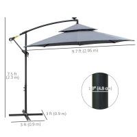 Outsunny 10FT Cantilever Patio Umbrella with Lights Solar Powered Offset Umbrella with Crank and Cross Base for Deck Grey(m-3)