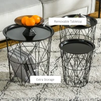 HOMCOM Set of 3 Nesting Coffee Tables with Storage, Round End Table with Removable Tray, Basket Side Tables with Metal Frame for Living Room, Black(m-5)