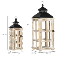 HOMCOM 2 Pack 31"/21" Large Rustic Lantern Decorations, Hanging Wooden Metal Indoor Covered Outdoor Lantern for Home Decor (No Glass), Black and Distressed Natural Wood Color(m-3)
